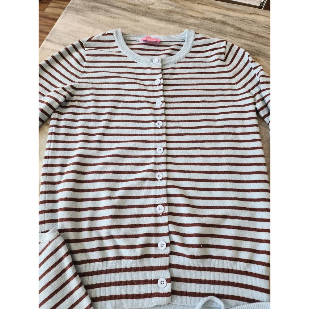 Edikted Women Blue Brown Striped 3 Piece Knit Set Cardigan Tank Shorts XS S